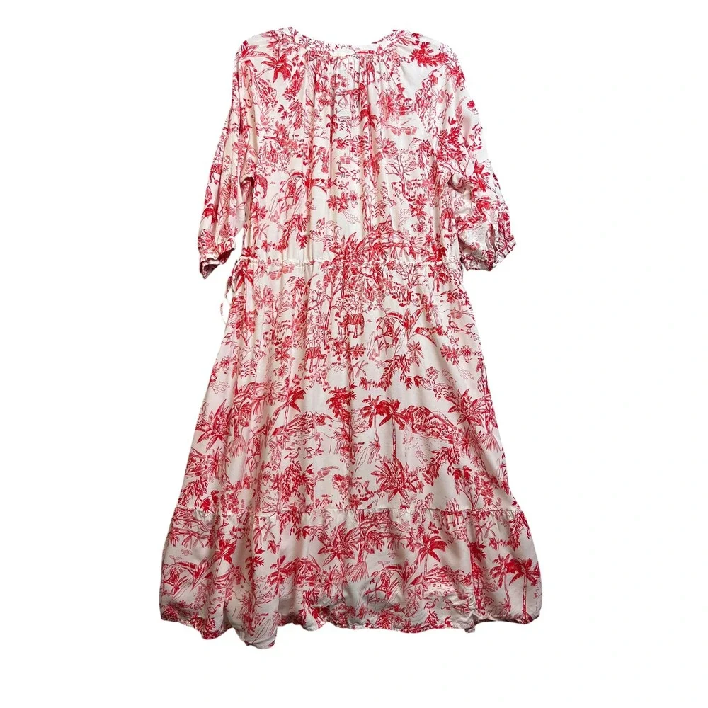 HM LOGG Red White Tropical Toile Tiered Midi Dress‎ V-Neck Drawstring Medium